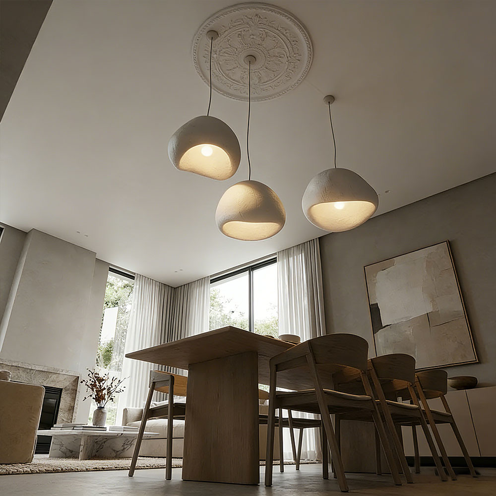 Organic Minimalism Resin Pendant Light Handmade Pebble Shaped Clay Hanging Lamp for Dining Room