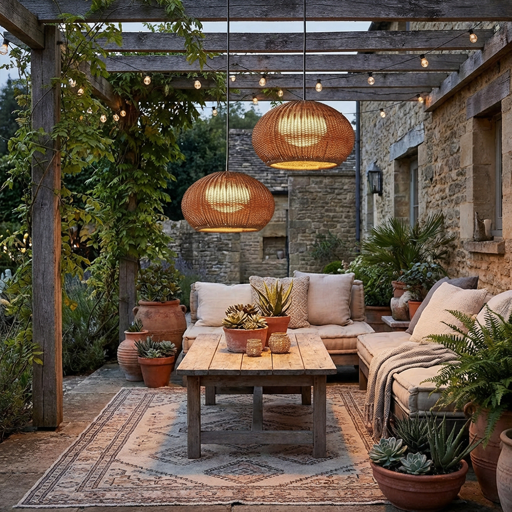 Rustic Rattan Pendant Lighting Waterproof Outdoor Garden Lantern for Gazebo and Terrace