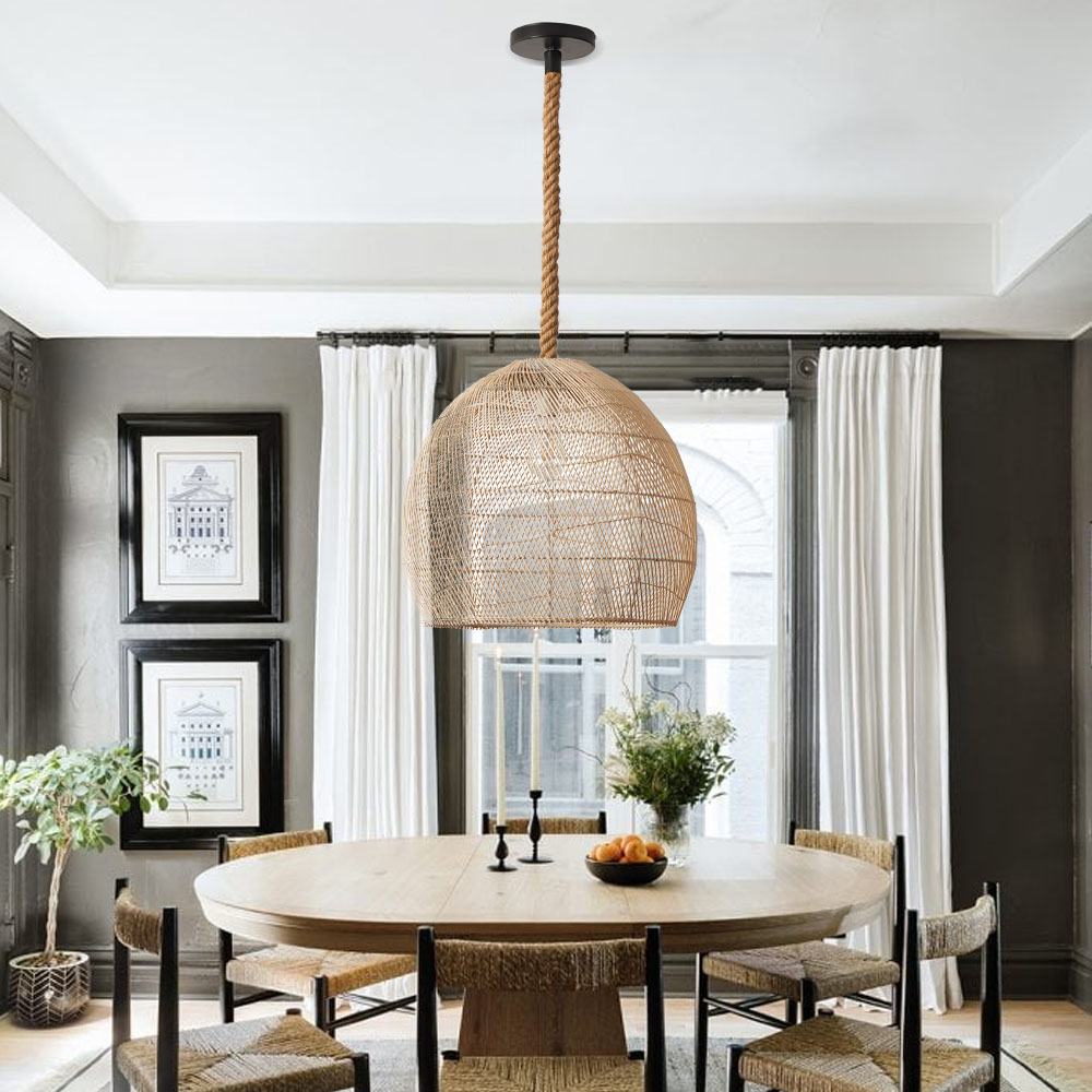 Rattan Pendant Light | Boho Woven Hanging Lamp for Dining Room & Kitchen