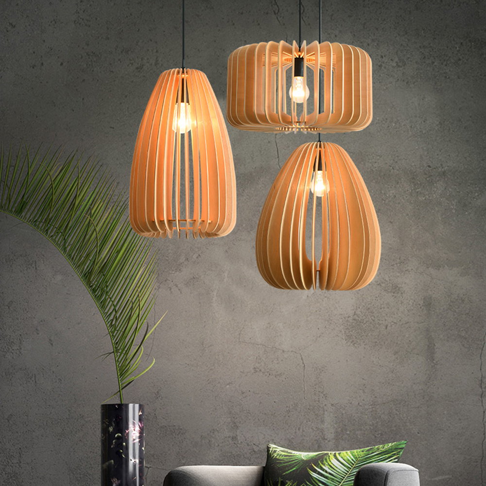 Japanese Retro Pumpkin Lantern Living Room Chandelier Wooden Pendant Lamp