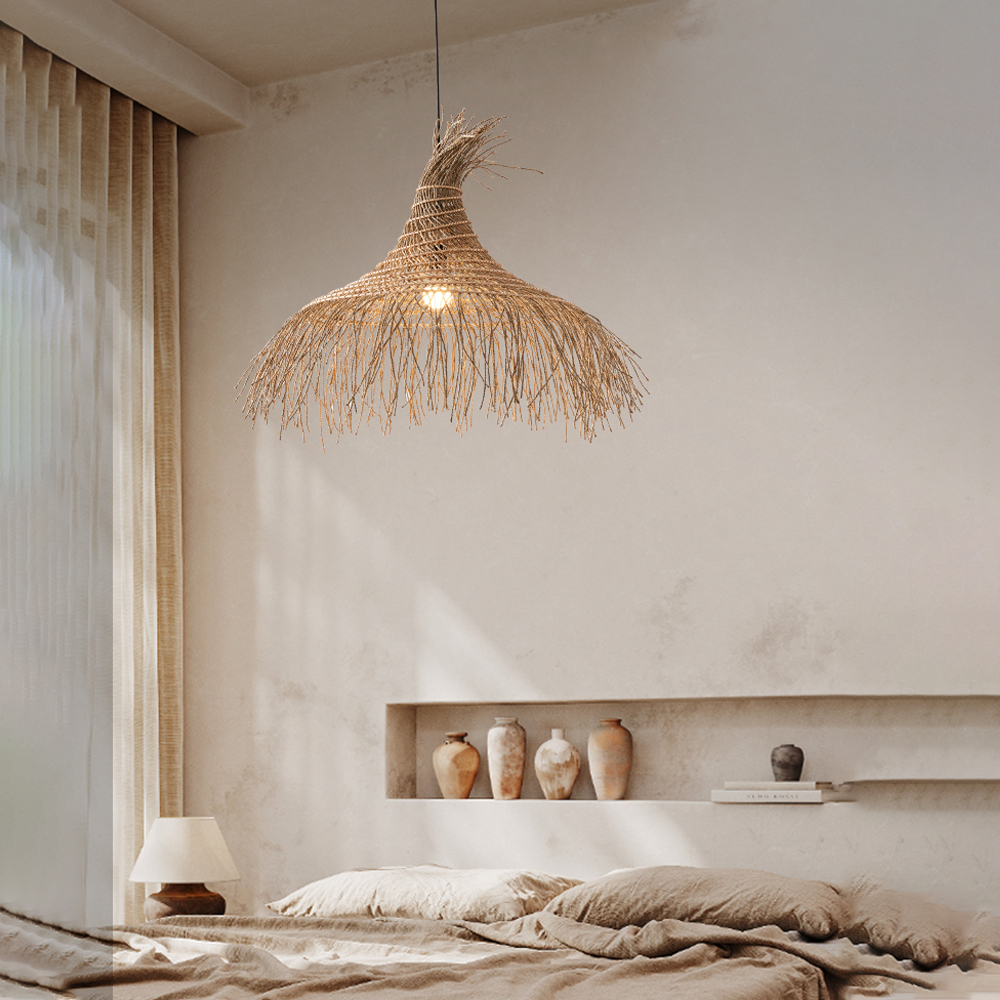 Wabi-sabi Style Chandelier Retro Japanese Zen Straw Rattan Pendant Light