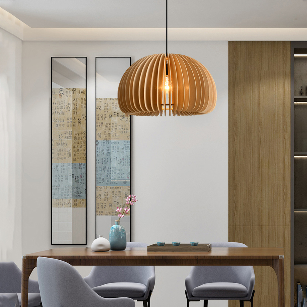 Japanese Pumpkin Lantern Wood Pendant Light Farmhouse Living Room Chandelier