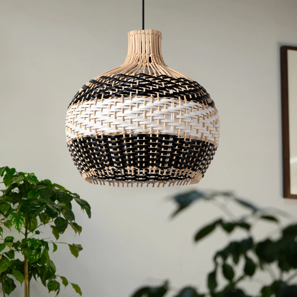 Drum-shaped Black and White Rattan Chandelier for Dining Room Kitchen Room