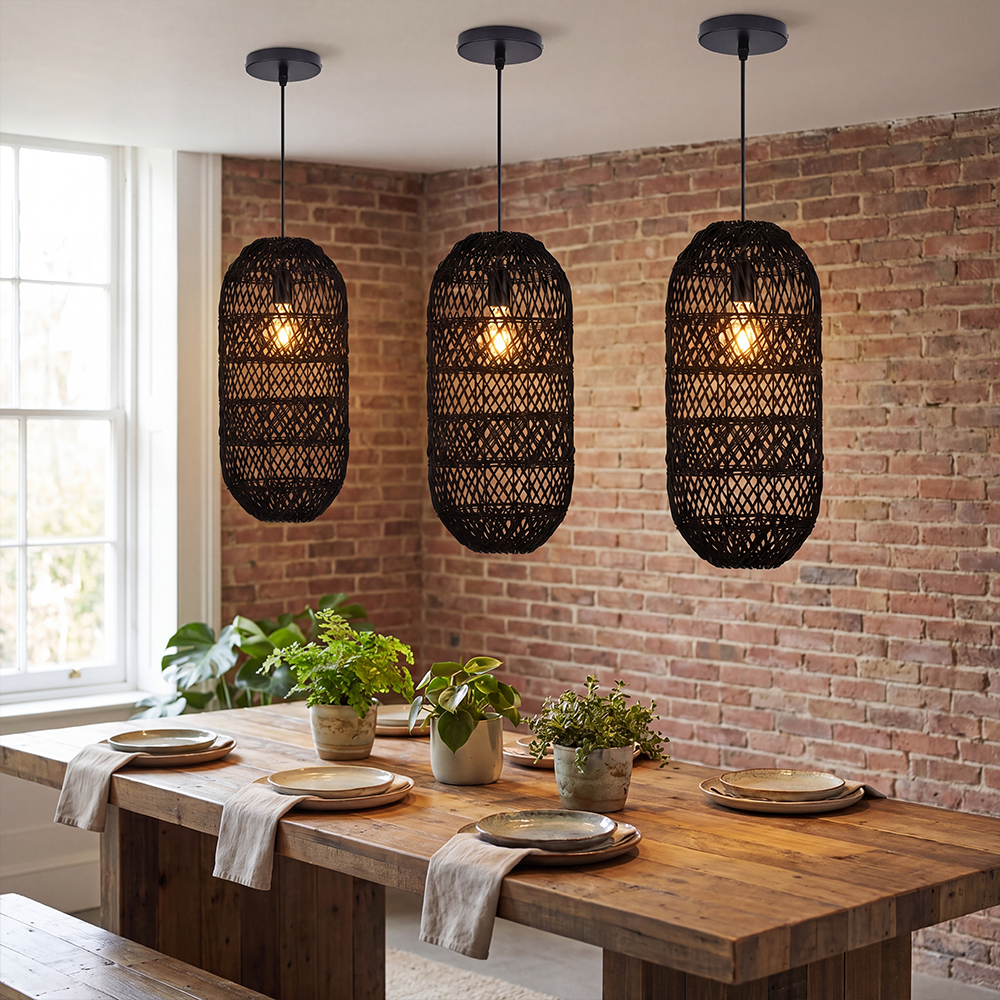 Boho Style Black Rattan Chandelier Natural Wicker Handmade Lampshade