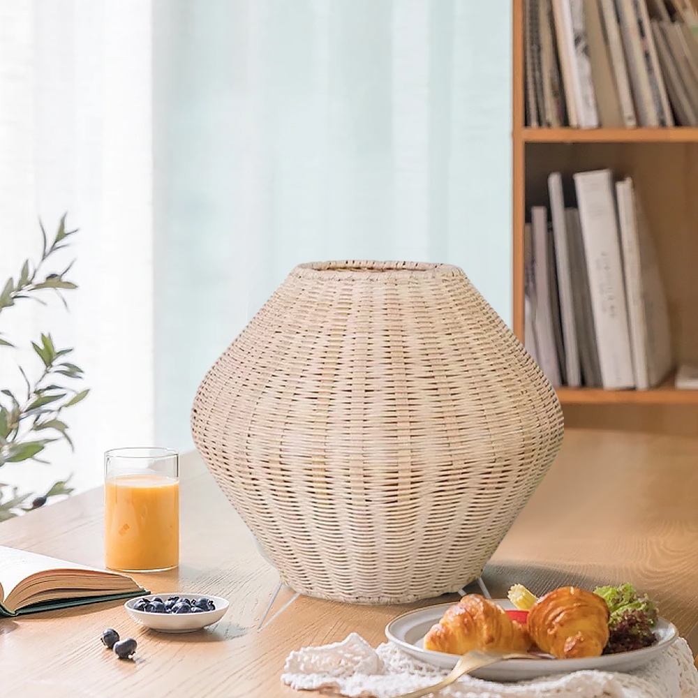 Bedside Table Lamp Boho Rustic Plug-In Rattan Woven Basket Desk Light