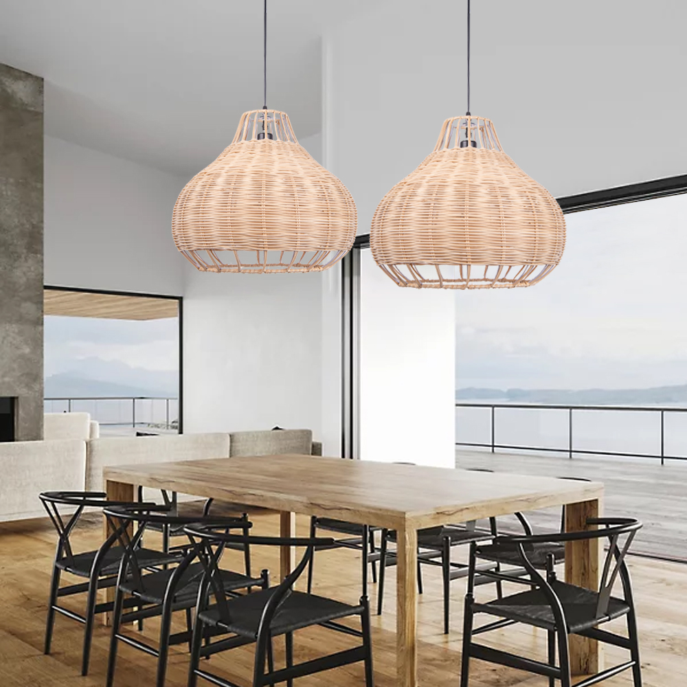 Scandinavian Hand Woven Ceiling Light Fixture  Plug In Rattan Pendant Lamp