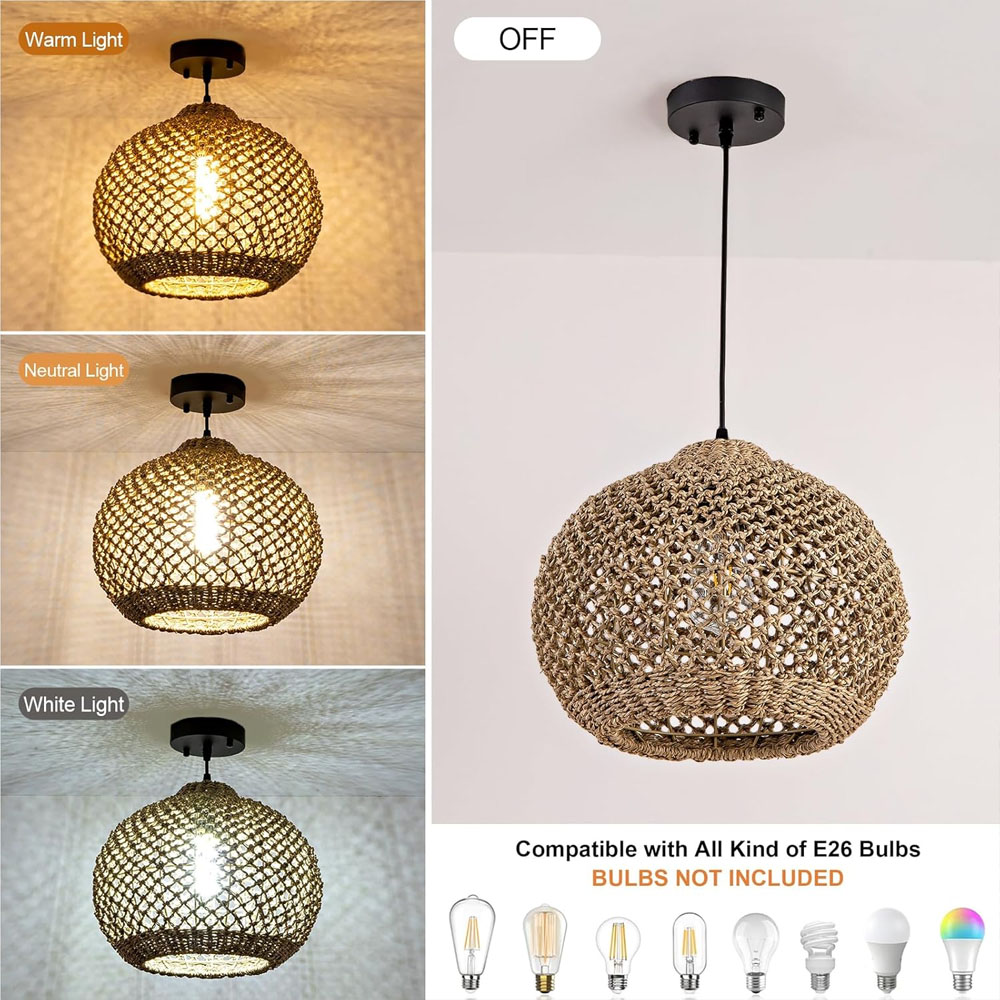 Handwoven Natural Water Hyacinth Chandelier Dining Room Kitchen Seagrass Pendant Light