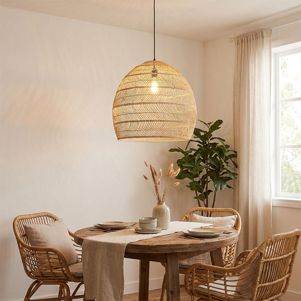 Natural Rattan Dome Pendant Light  Wicker Hanging Lamp for Cozy Living Room Dining Room