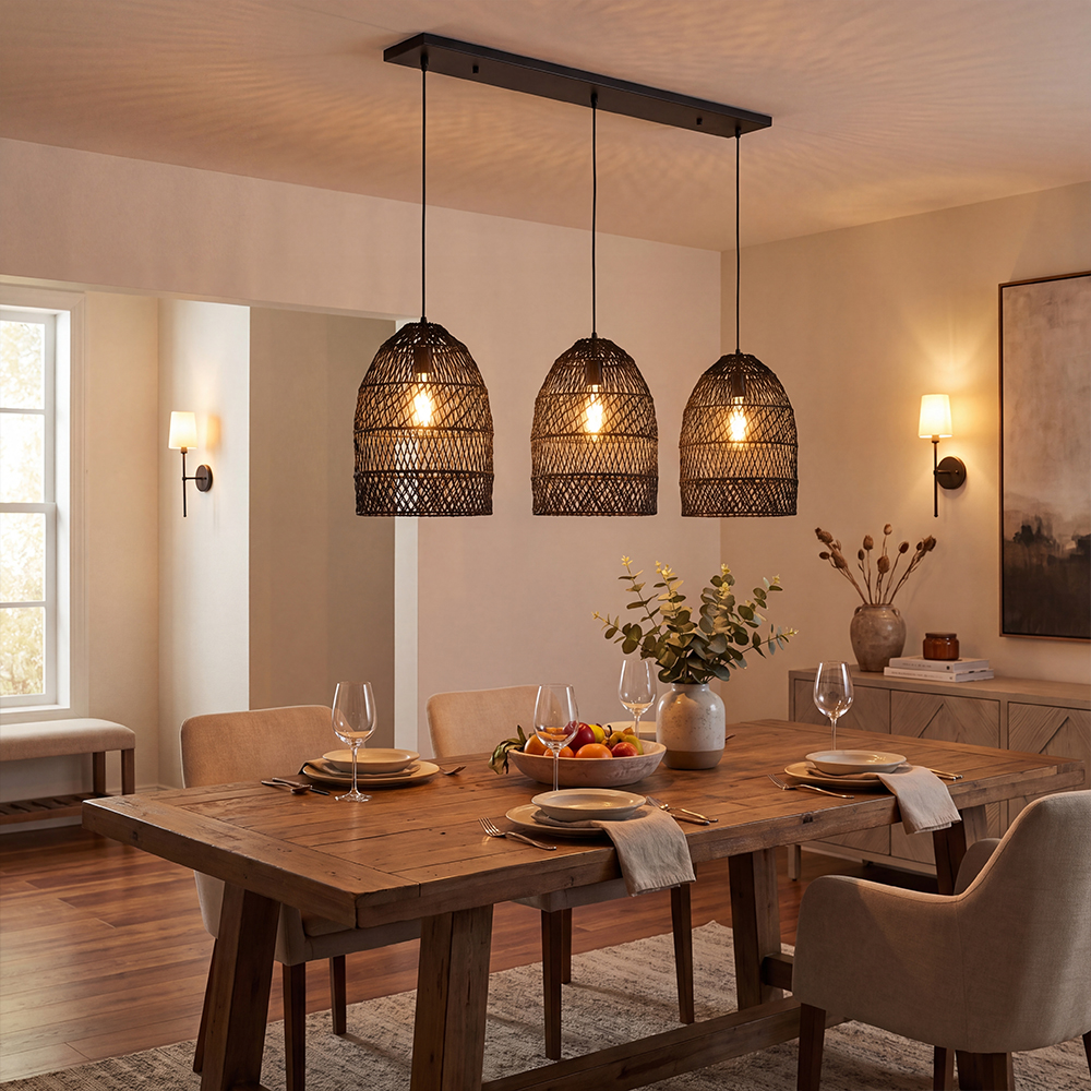 Intricate Black Rattan Lattice Light Artistic Hanging Shade for Dining Room