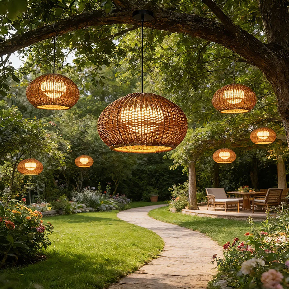 Rustic Rattan Pendant Lighting Waterproof Outdoor Garden Lantern for Gazebo and Terrace