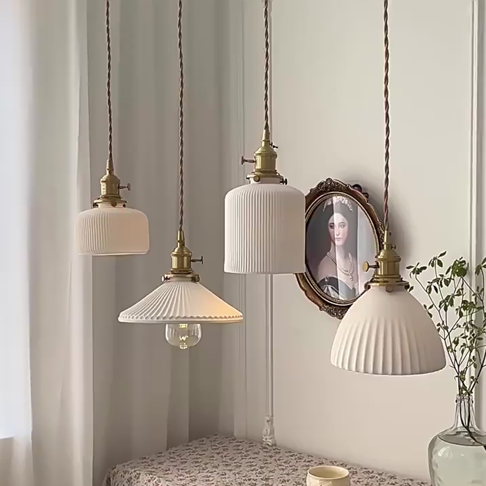 Nordic Luxury Mini Ceramic Pendant Light Japanese Brass Small Chandelier