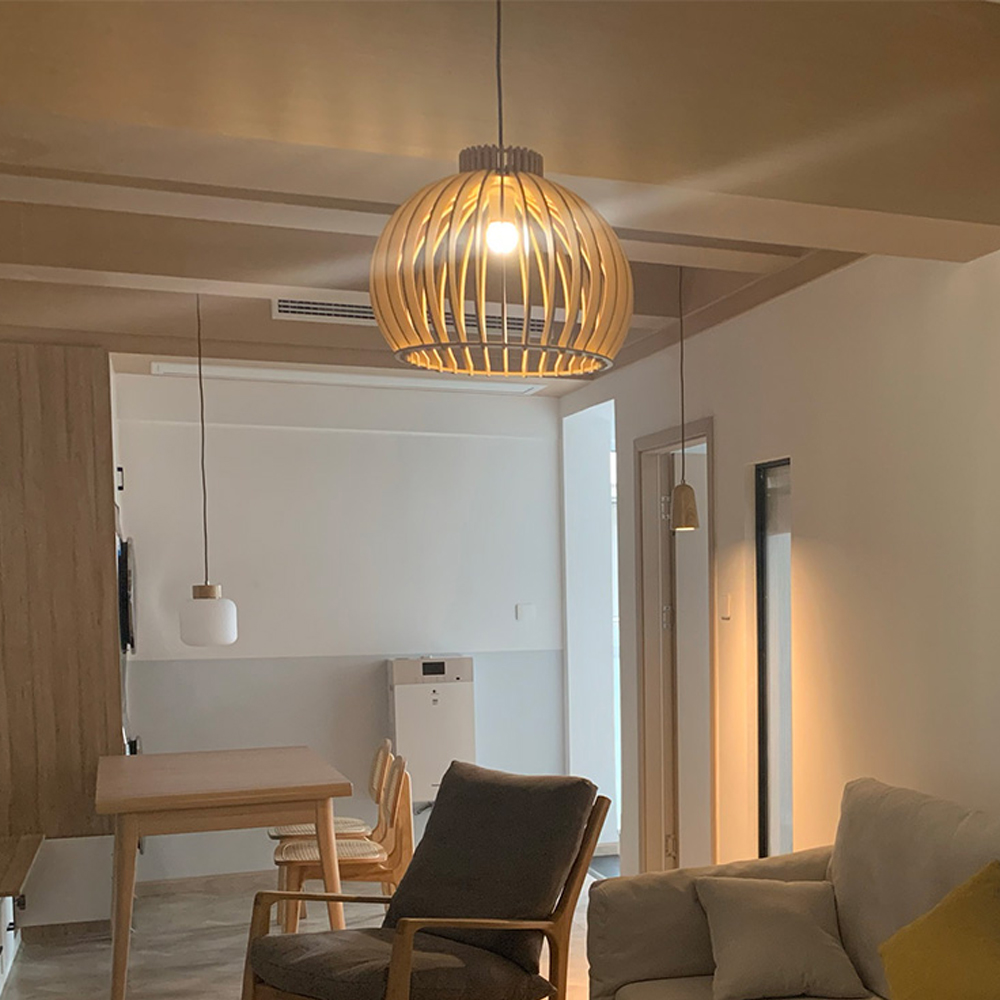 Nordic Hand-Woven Wood Chandelier Birdcage Lamp Japanese Creative Wood Pendant Lighting Fixture