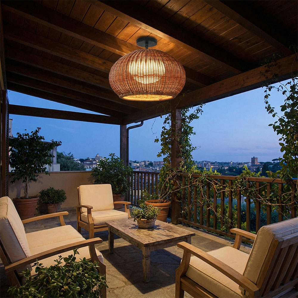 Rustic Rattan Pendant Lighting Waterproof Outdoor Garden Lantern for Gazebo and Terrace