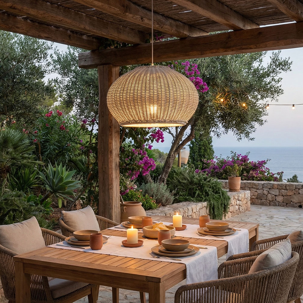 Rustic Rattan Pendant Lighting Waterproof Outdoor Garden Lantern for Gazebo and Terrace