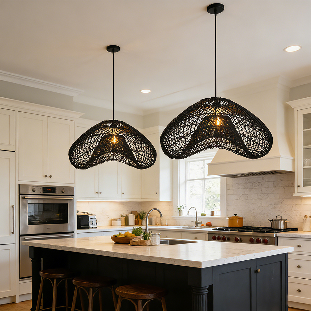 Black Hanging Lamp Shade Rattan Woven Pendant Light for Dining Room Bedroom