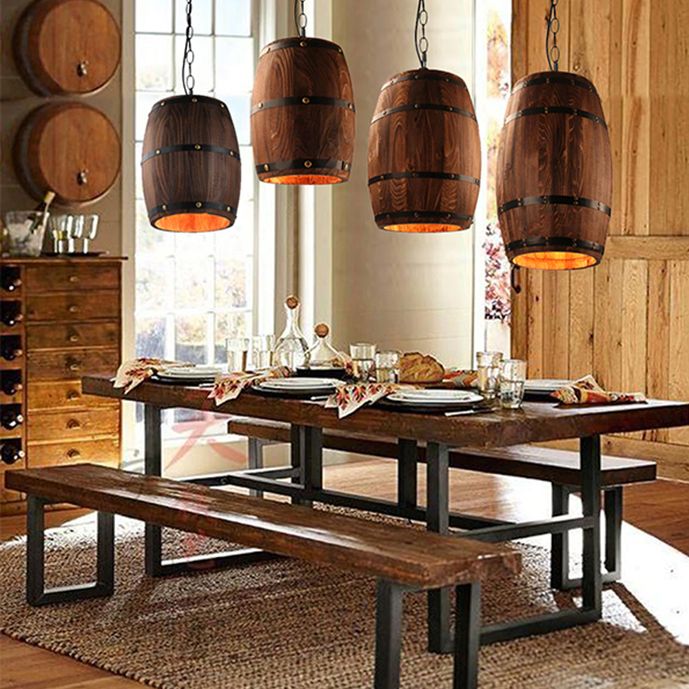 American Industrial Pendant Light Retro Wooden Barrel Creative Chandelier