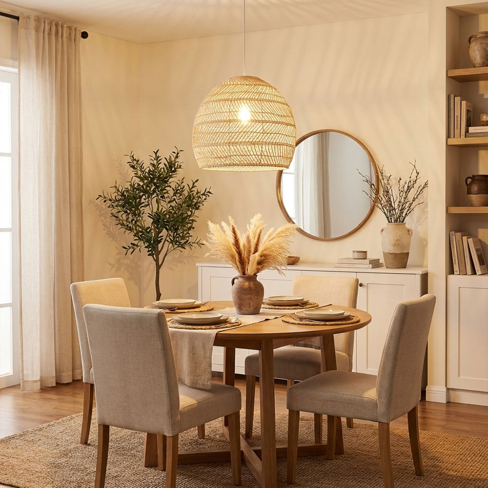Natural Rattan Dome Pendant Light  Wicker Hanging Lamp for Cozy Living Room Dining Room