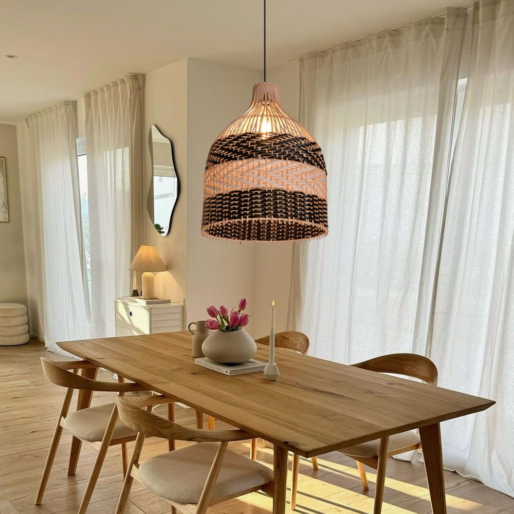 Modern Boho Two-Tone Rattan Pendant Light Handwoven Wicker Bell Hanging Lamp for Kitchen Island Bar & Coastal Home Decor