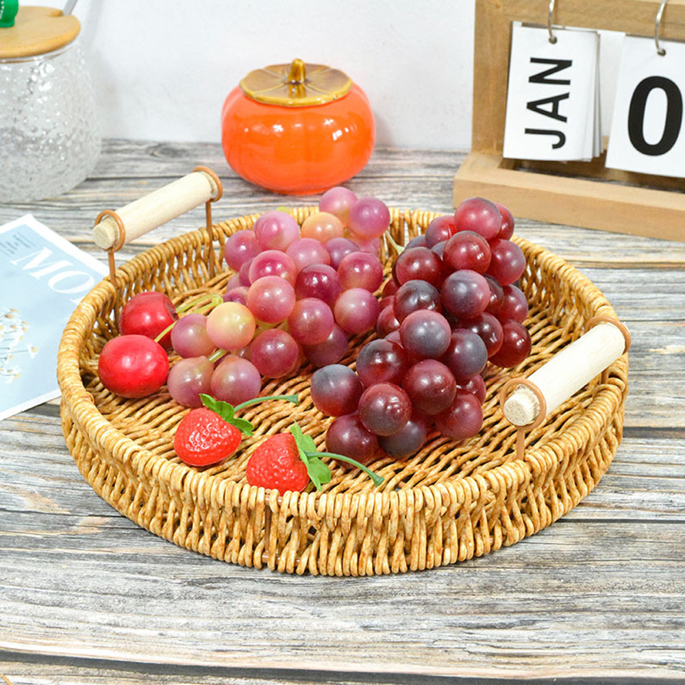 Rattan wicker handwoven dining serving tray platter with handles