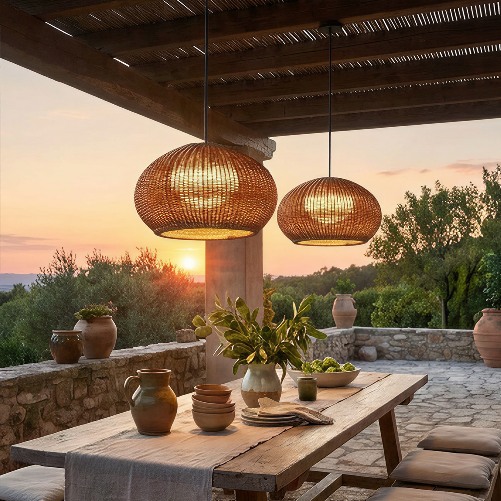 Rustic Rattan Pendant Lighting Waterproof Outdoor Garden Lantern for Gazebo and Terrace