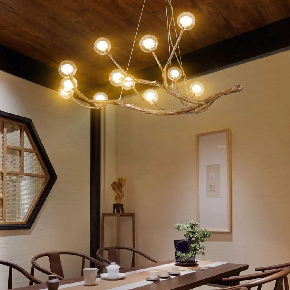 Nordic Rustic Tree Branch Hanging Chandelier with Bubble Glass lighting