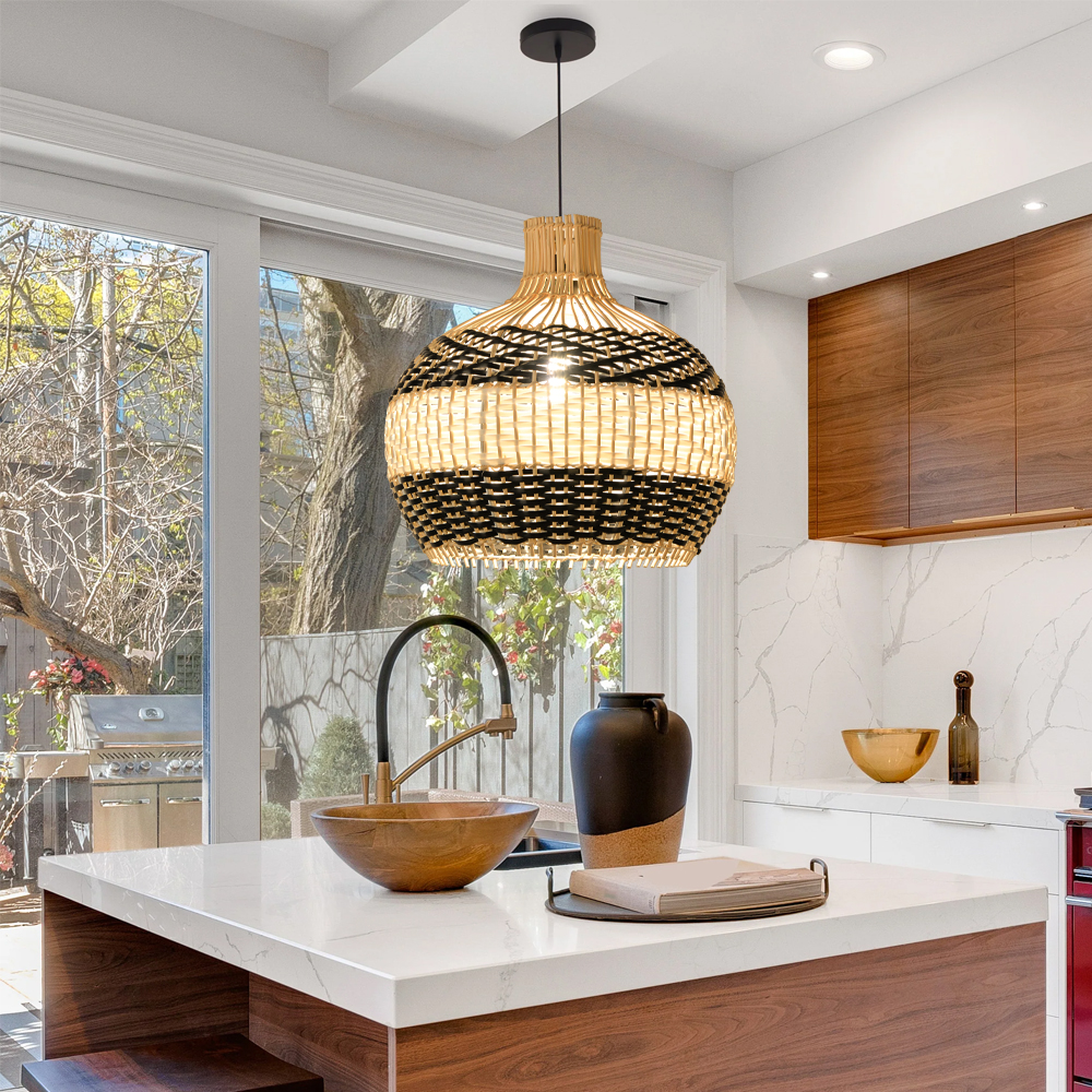 Drum-shaped Black and White Rattan Chandelier for Dining Room Kitchen Room