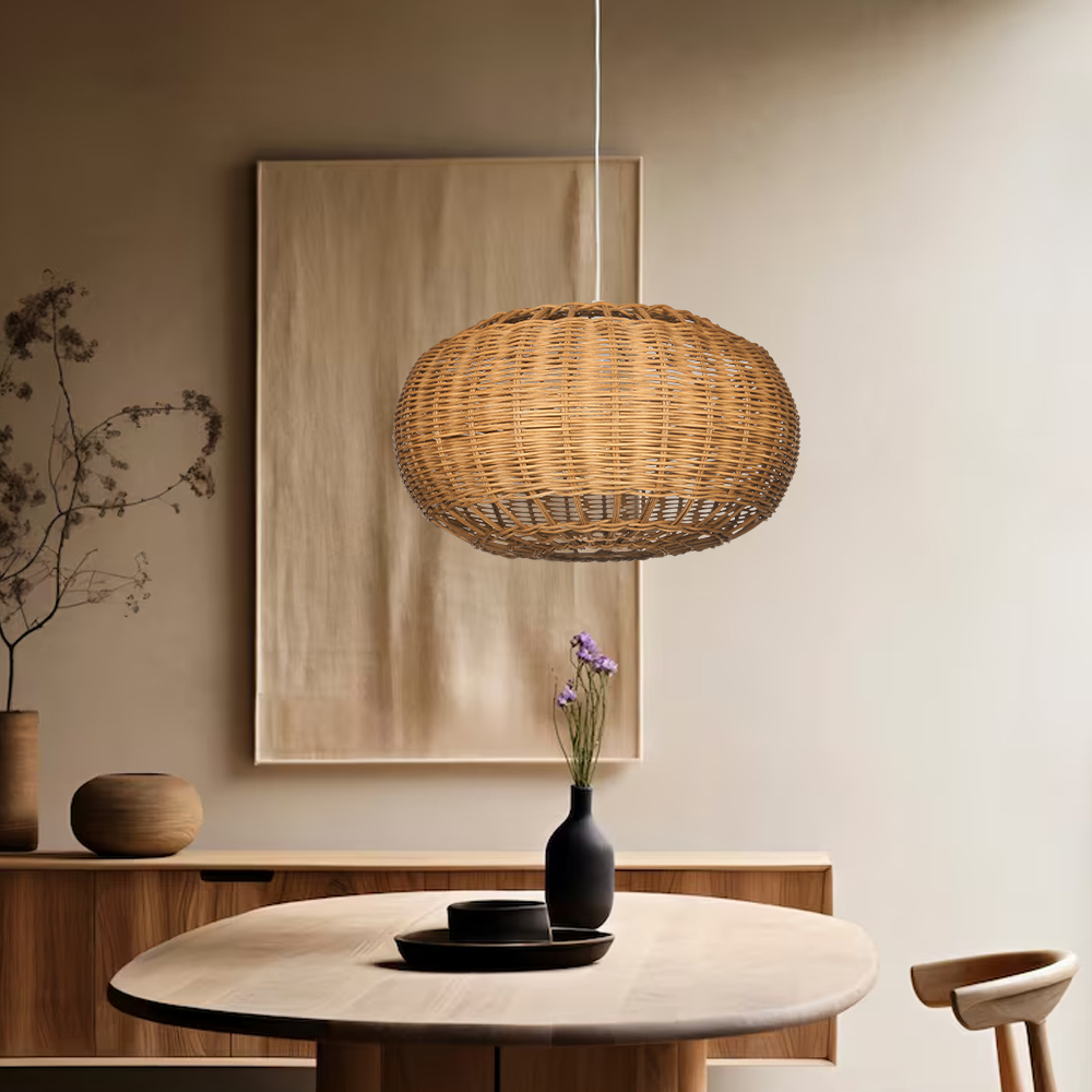 Wabisabi Dining Room Rattan Pendant Lights with White Hardwired