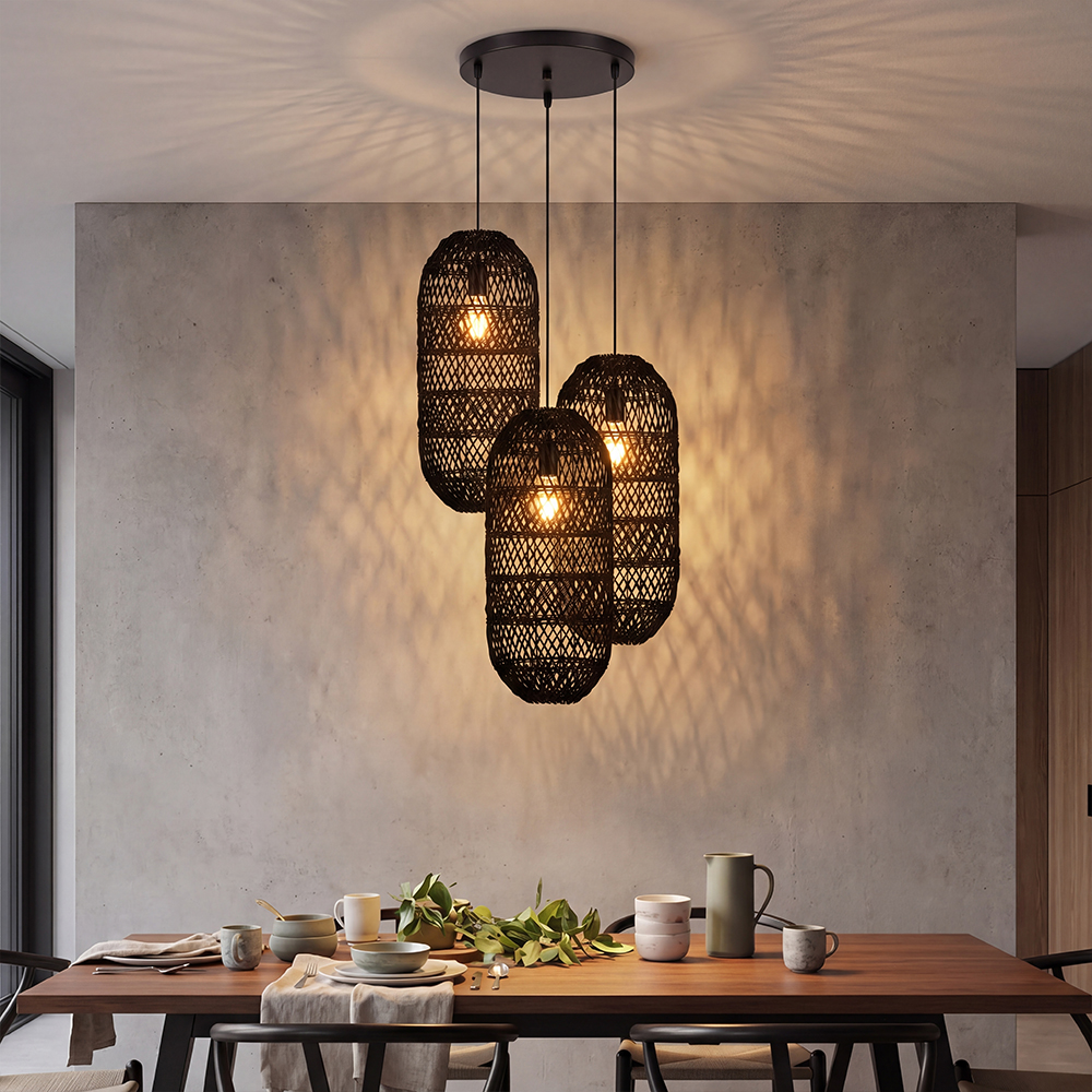 Boho Style Black Rattan Chandelier Natural Wicker Handmade Lampshade