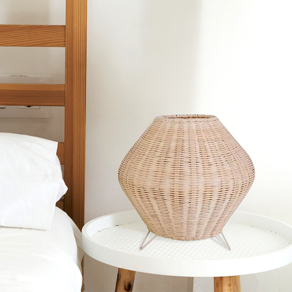 Bedside Table Lamp Boho Rustic Plug-In Rattan Woven Basket Desk Light