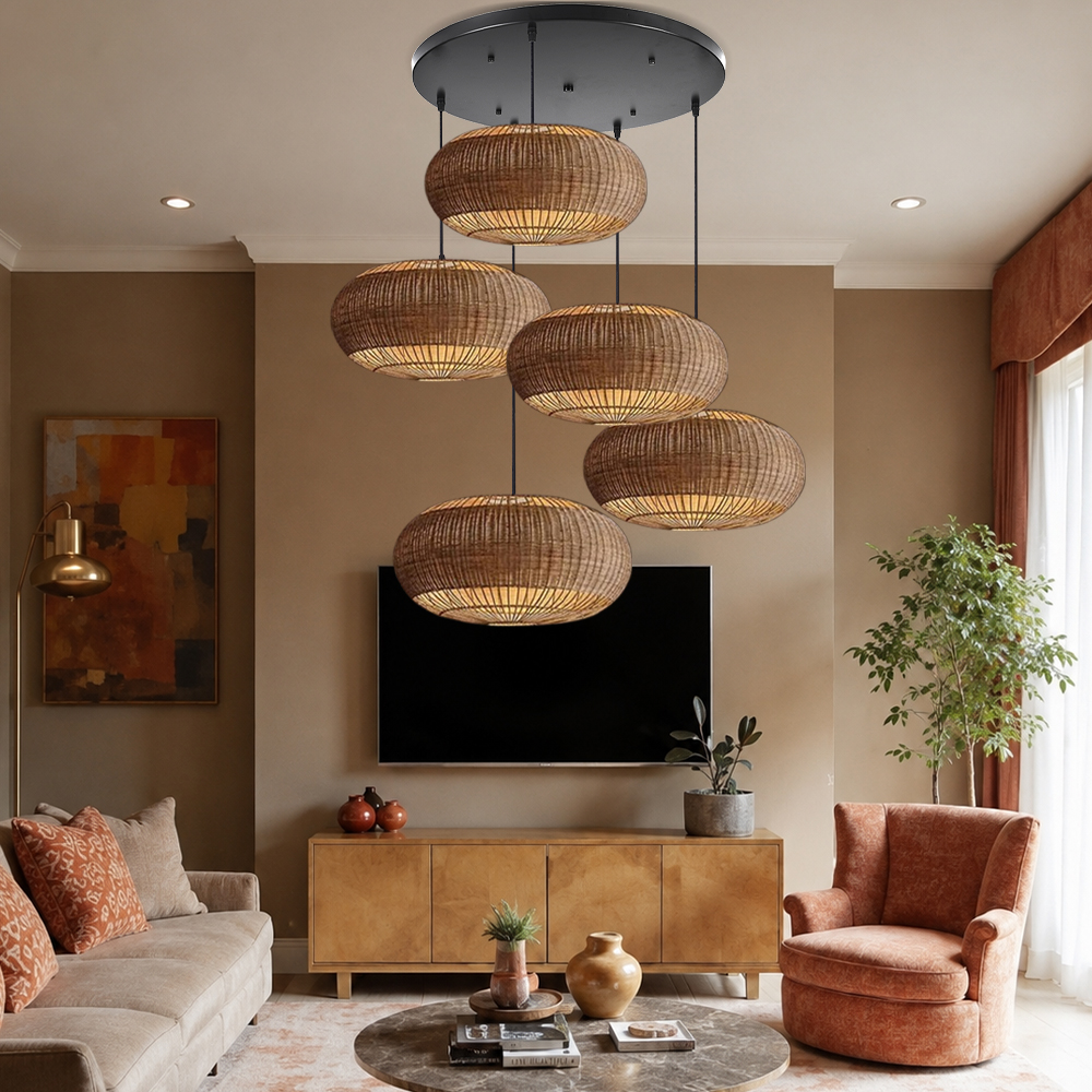 Coastal Home Lighting Kitchen Island Rattan Pendant Light Natural Retro Luxurious Chandelier Wabi-sabi Style