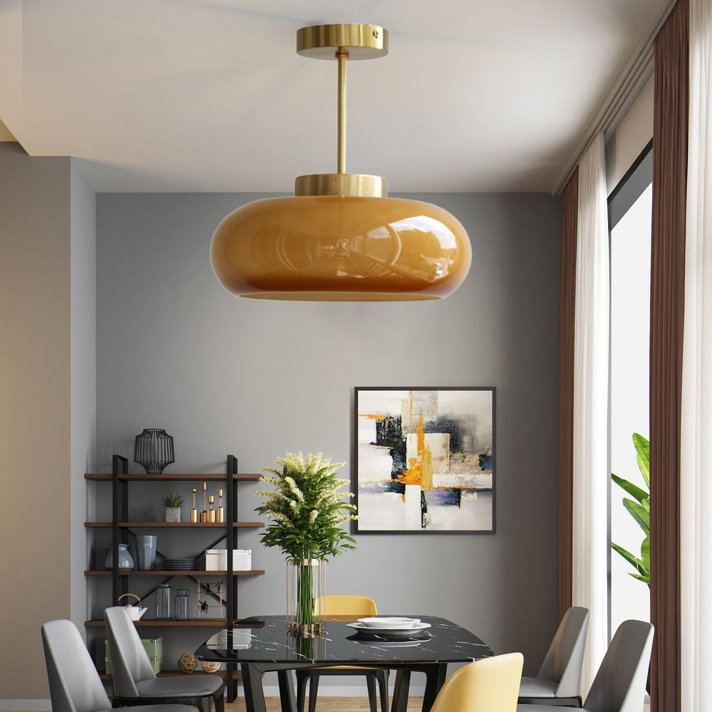 Vintage Flush Mount Glass Chandelier Living Room Brass Ceiling Light