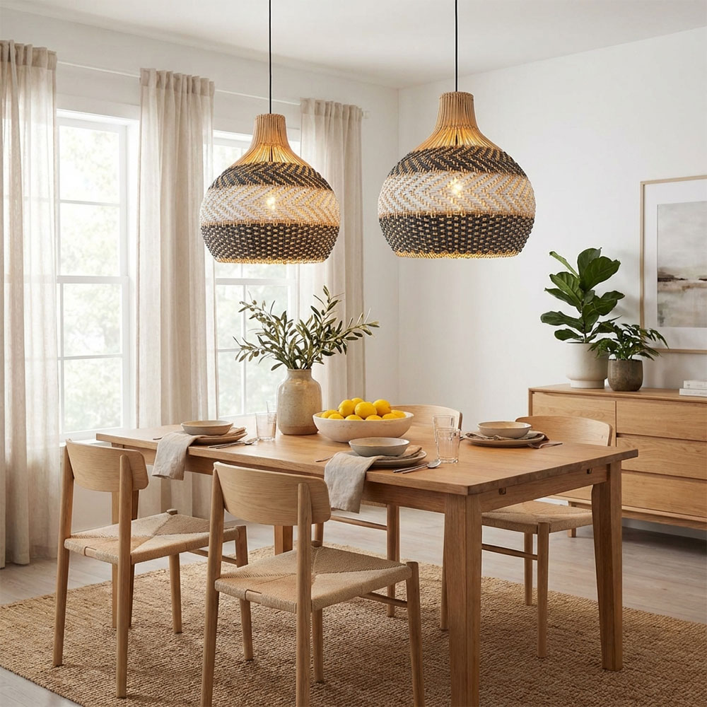 Modern Boho Woven Rattan Pendant Lighting Coastal Japandi Dining Room Kitchen Basket Light Fixture