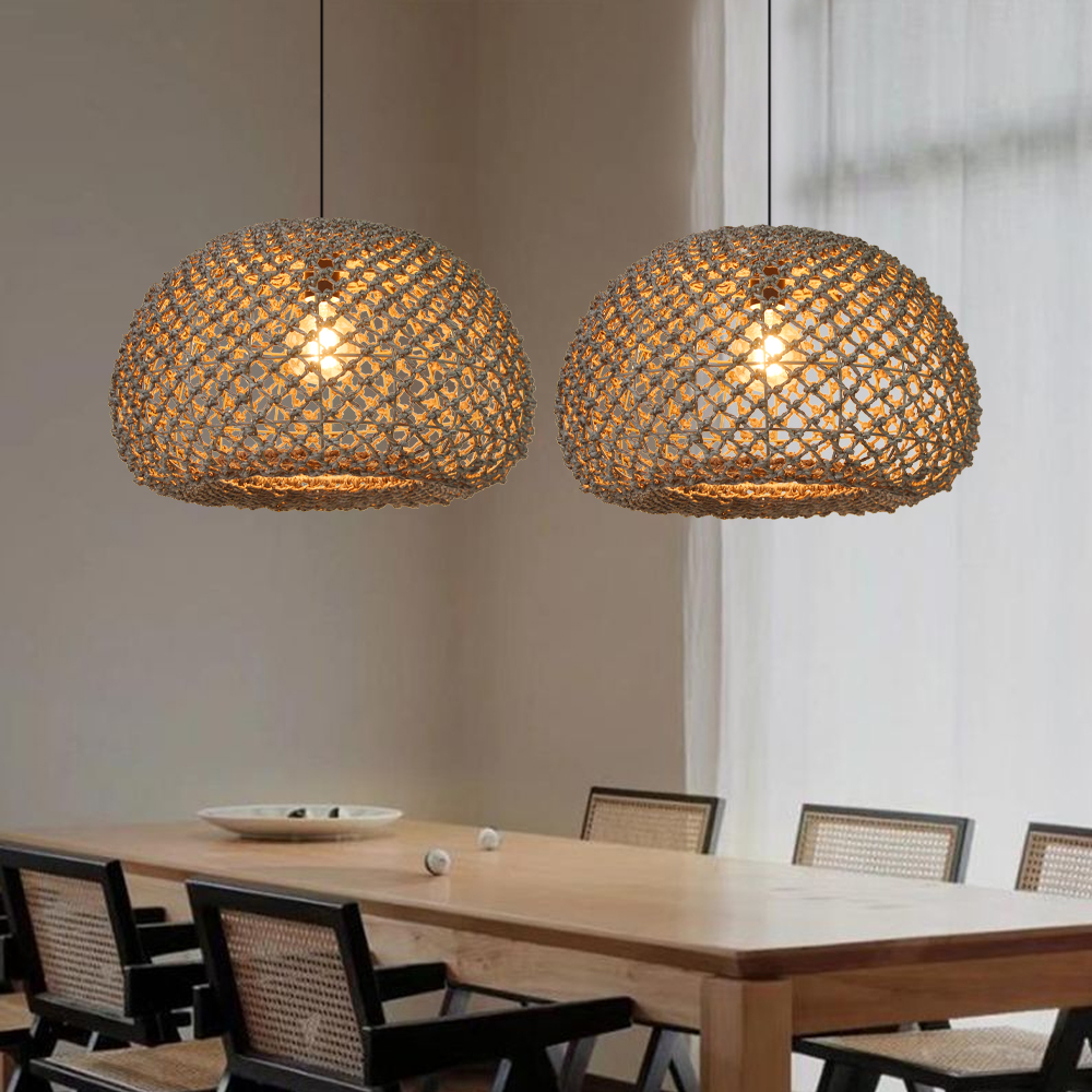 Wabi-sabi Macrame Seagrass Pendant Light for Dining Area Living Room