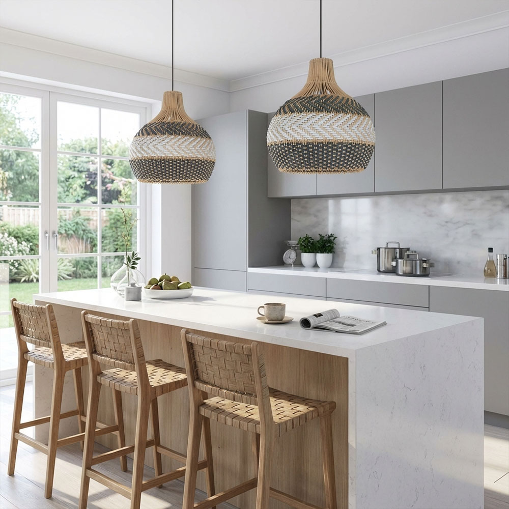 Modern Boho Woven Rattan Pendant Lighting Coastal Japandi Dining Room Kitchen Basket Light Fixture