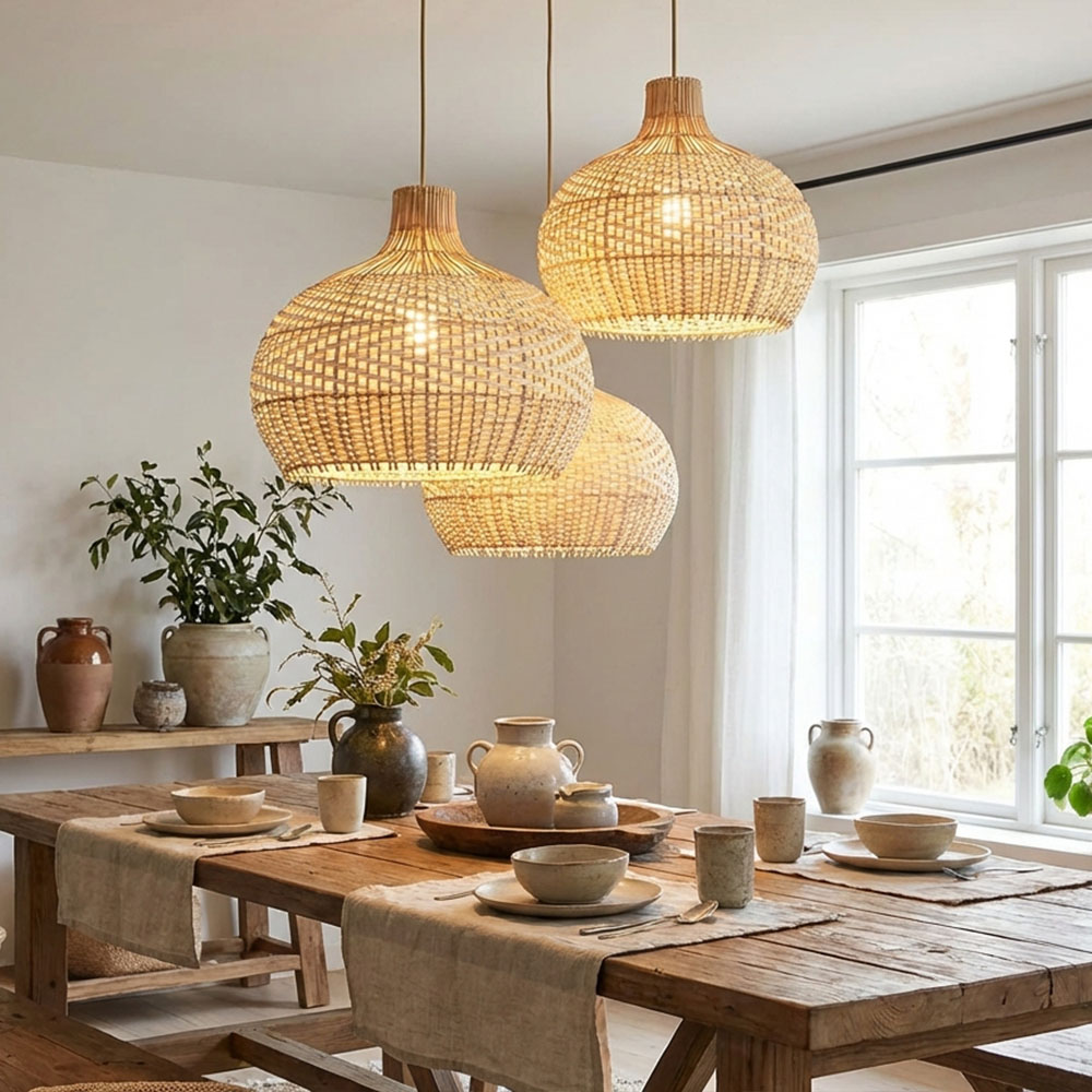 Modern Boho Woven Rattan Pendant Lighting Coastal Japandi Dining Room Kitchen Basket Light Fixture