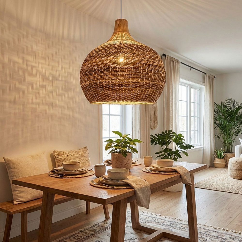 Modern Boho Woven Rattan Pendant Lighting Coastal Japandi Dining Room Kitchen Basket Light Fixture