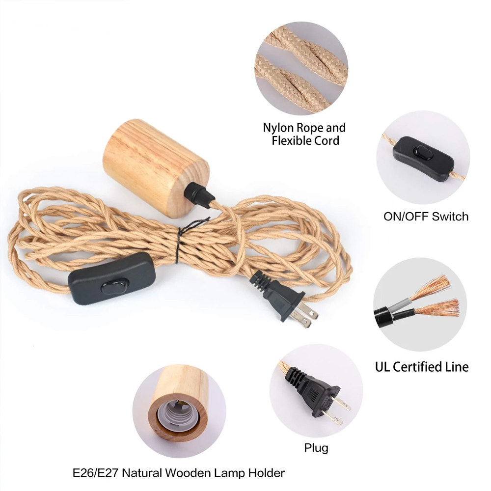 Industrial 16.4FT Plug In Wood Pendant Light Cord Kit With Switch