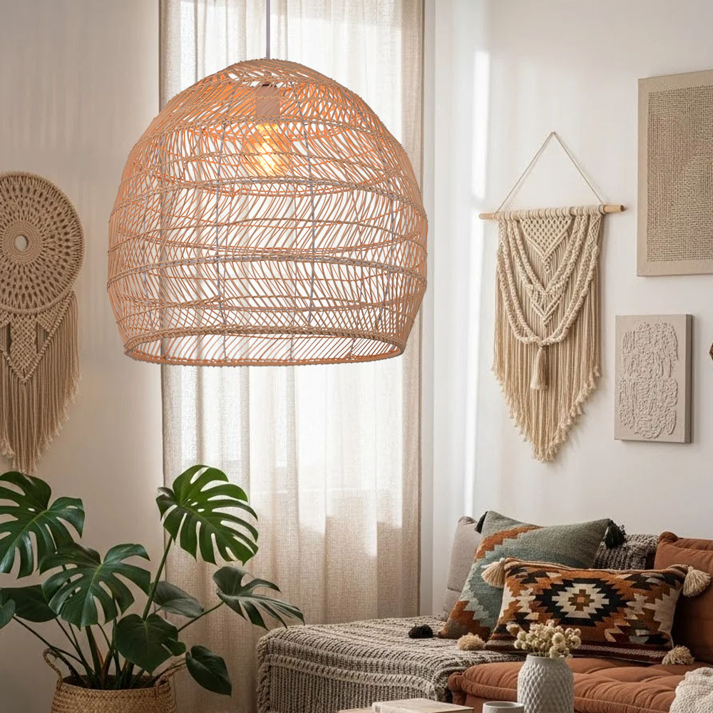 Natural Rattan Dome Pendant Light  Wicker Hanging Lamp for Cozy Living Room Dining Room