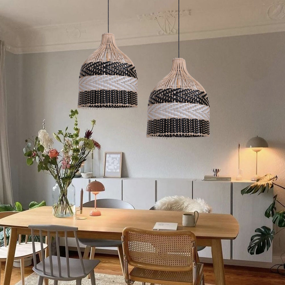 Modern Boho Two-Tone Rattan Pendant Light Handwoven Wicker Bell Hanging Lamp for Kitchen Island Bar & Coastal Home Decor