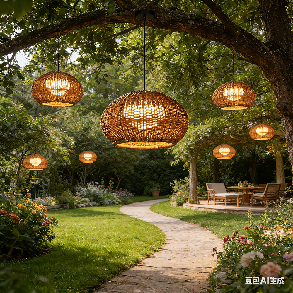 Rustic Rattan Pendant Lighting Waterproof Outdoor Garden Lantern for Gazebo and Terrace