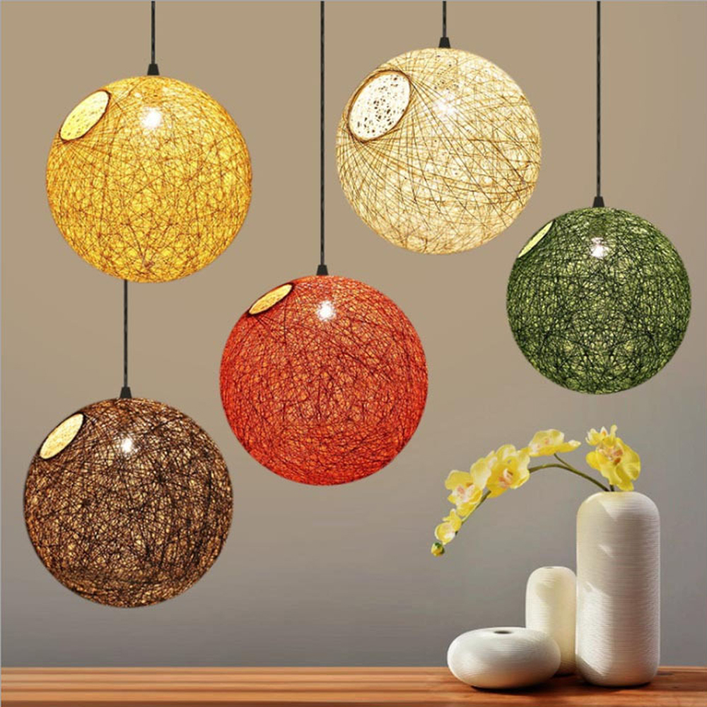 Modern Minimalist Restaurant Decor Rattan Pendant Light Hemp Rope Sphere Lighting