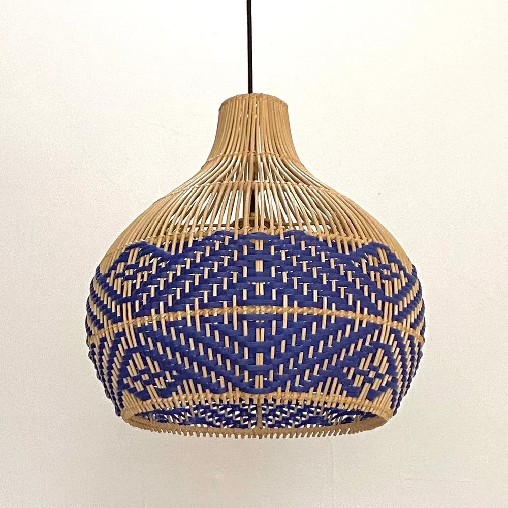 Chris Rattan Pendant Light Handmade Blue Hanging Lamp Shade