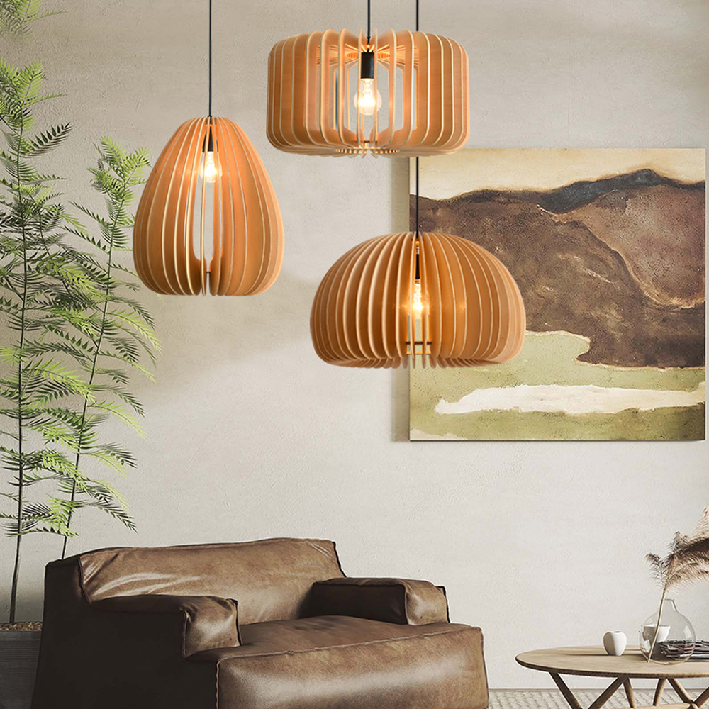 Japanese Retro Pumpkin Lantern Living Room Chandelier Wooden Pendant Lamp
