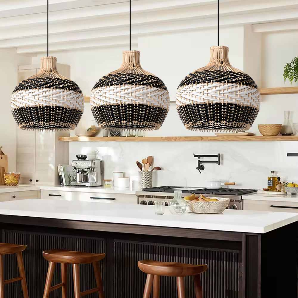 Drum-shaped Black and White Rattan Chandelier for Dining Room Kitchen Room