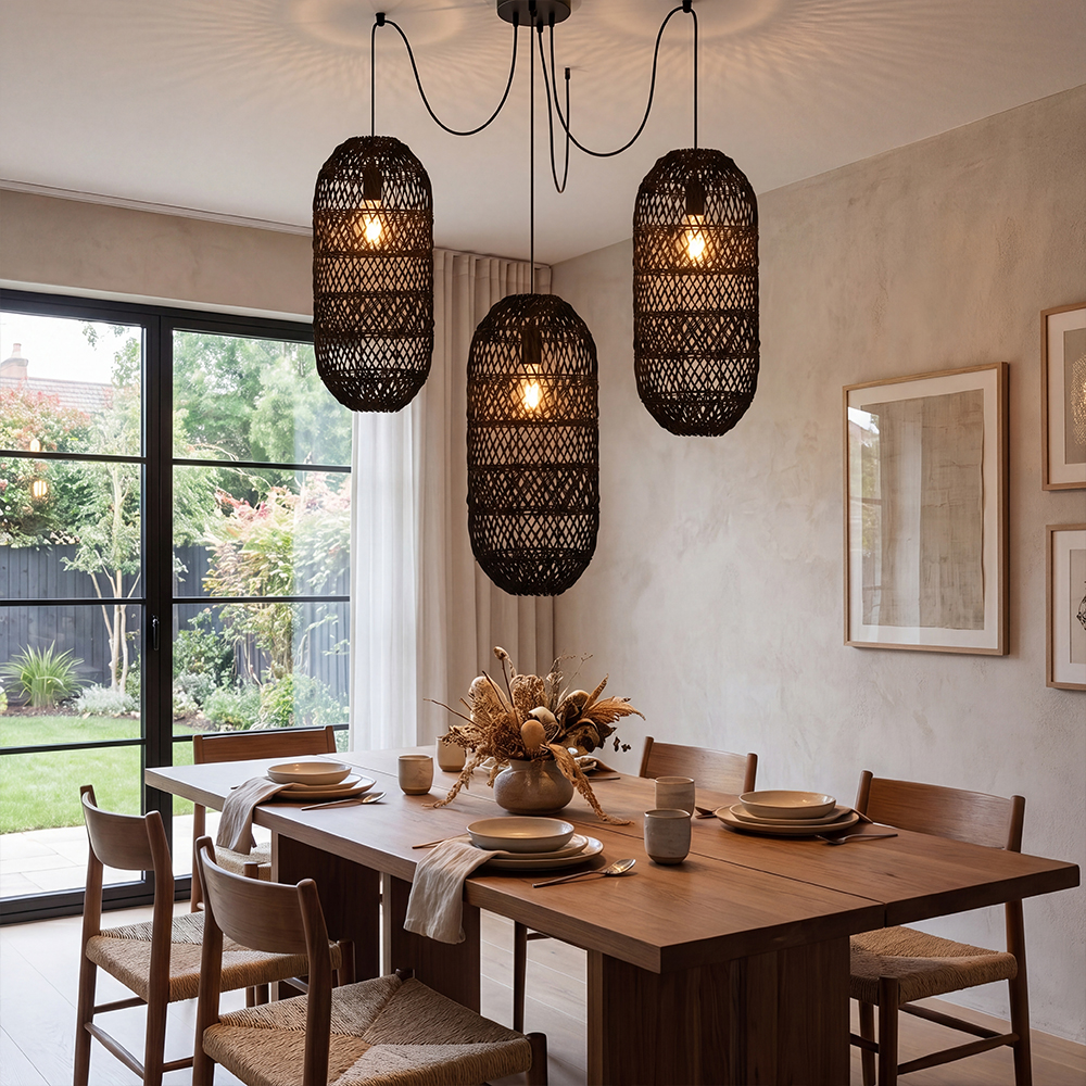 Boho Style Black Rattan Chandelier Natural Wicker Handmade Lampshade