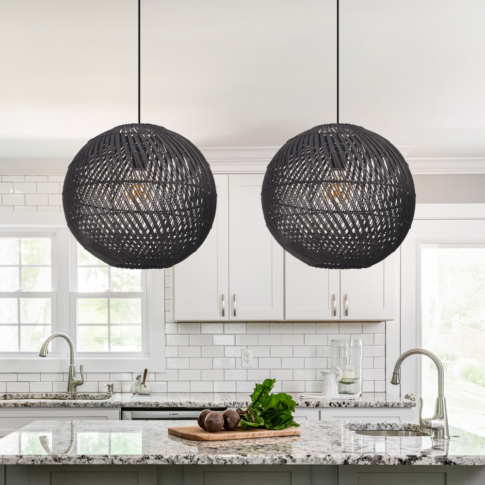 Kitchen Island Spherical Black Rattan Lighting Fixture High-Quality Indoor Wicker Lamp