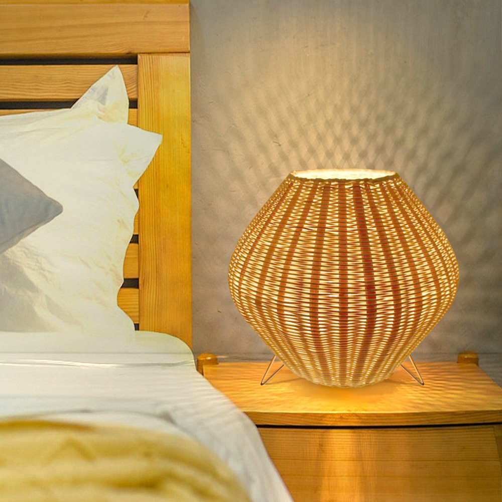 Bedside Table Lamp Boho Rustic Plug-In Rattan Woven Basket Desk Light
