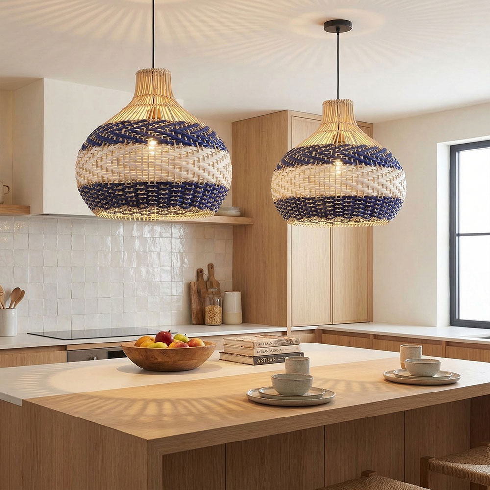 Modern Boho Woven Rattan Pendant Lighting Coastal Japandi Dining Room Kitchen Basket Light Fixture