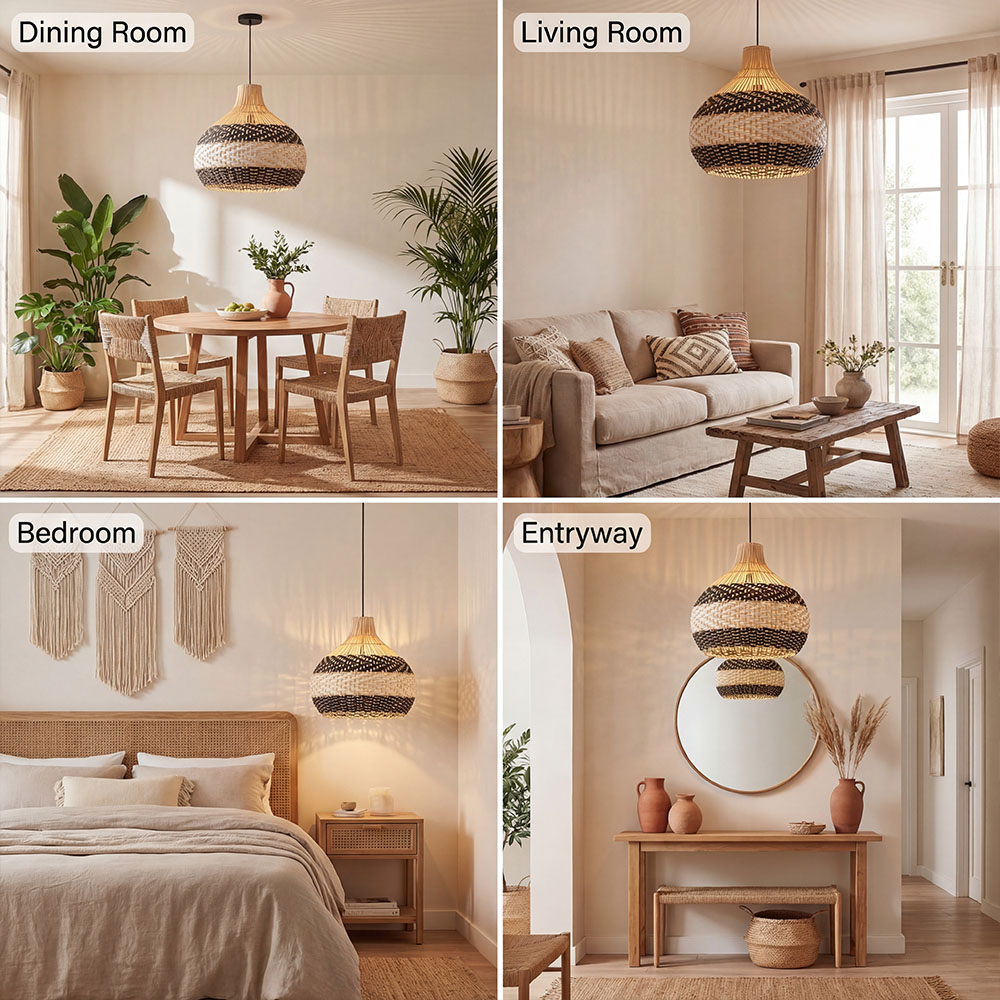 Modern Boho Woven Rattan Pendant Lighting Coastal Japandi Dining Room Kitchen Basket Light Fixture