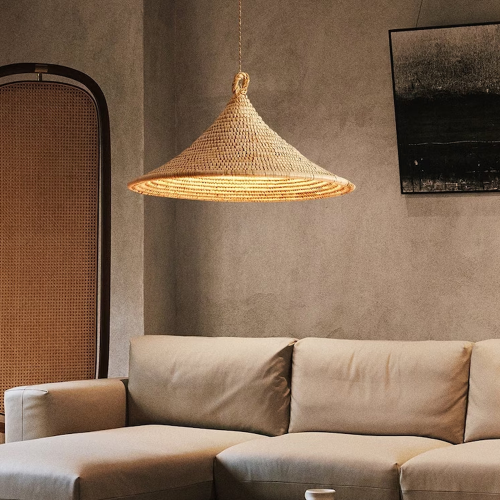 Wabi-sabi Hardwired Rattan Straw Hat Pendant Light Home Decor Lamp